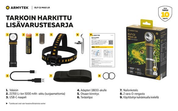 Armytek Elf C2 Max LR USB-C tuotepakkaus