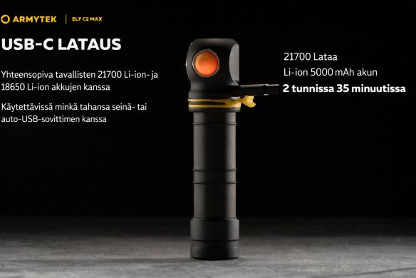 Armytek Elf C2 Max USB-C otsalamppu lataus
