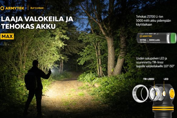 Armytek Elf C2 Max USB-C otsalamppu valokeila