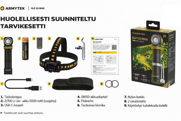Armytek Elf C2 Max USB-C otsalamppu tuotepakkauksen sisältö