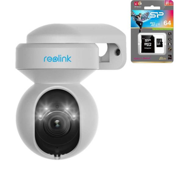 Reolink E1 Outdoor 5MP PTZ Auto Tracking AI WiFi kamera LED-kohdevaloilla + 64GB muistikortti