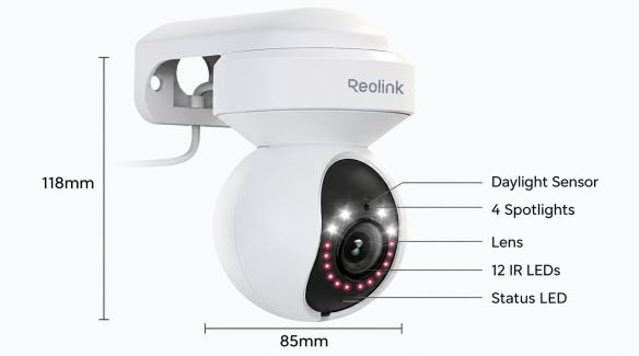 Reolink E1 Outdoor Pro PTZ Auto Tracking AI WiFi 6 valvontakameran mitat