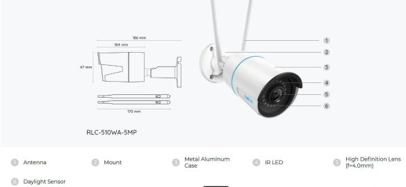 Reolink RLC-510WA (W320) 5MP bullet AI WiFi kamera ulkokäyttöön